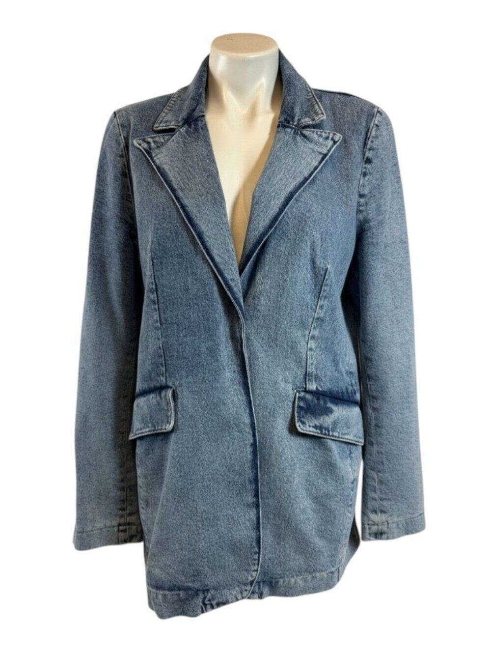 Good American Denim Blazer Jacket Women’s L Blue Longline Snap Front
